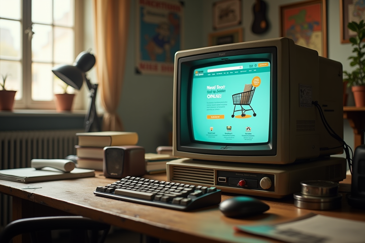 Ordinateur vintage sur bureau en bois affichant un site d'achat en ligne