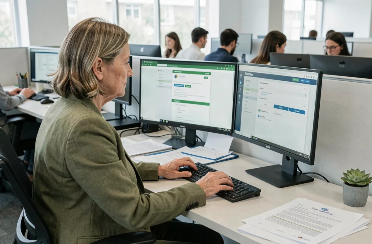 Femme professionnelle réglant les préférences de son espace de courrier numérique MyPrimobox sur un poste de travail en open space