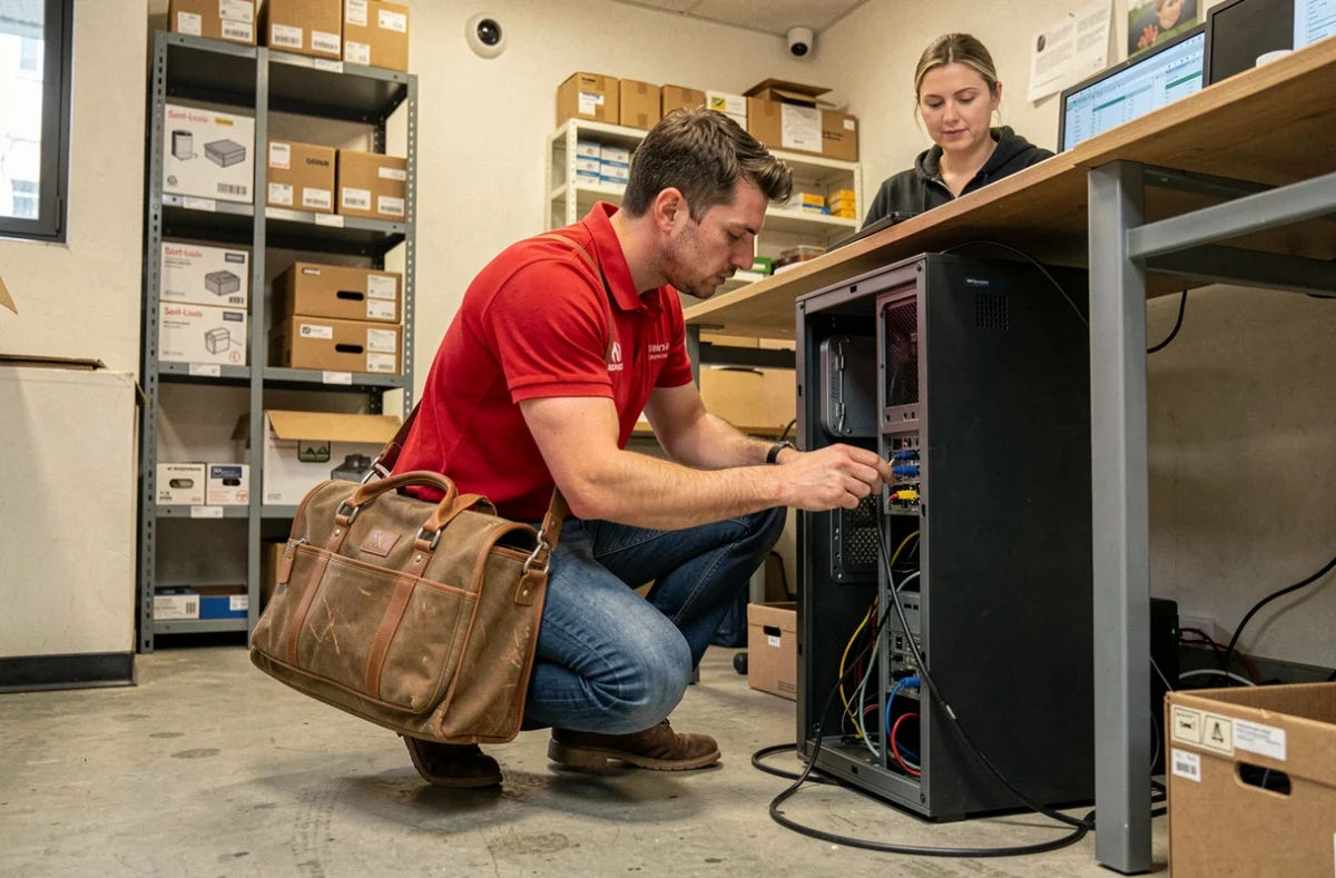 Technicien de PC Clic Urgence intervenant sur un poste informatique dans un commerce à Saint-Louis