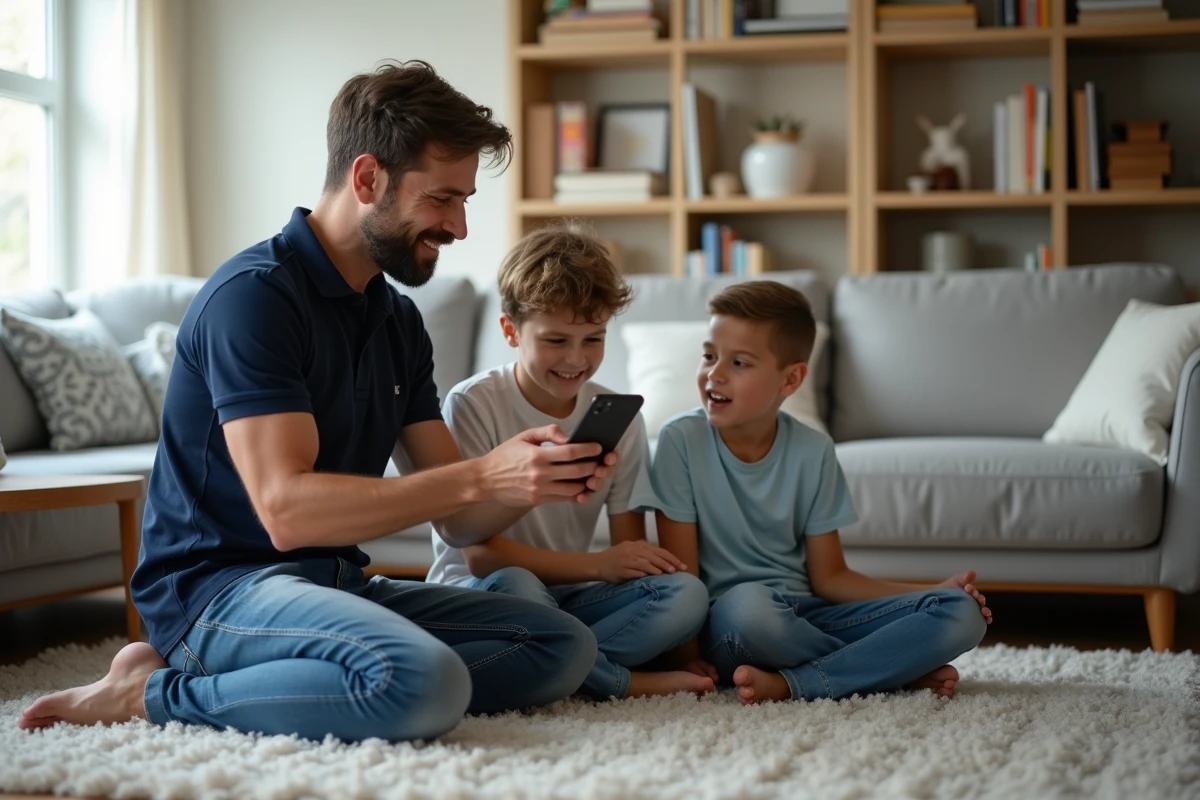 Père montrant l'écran d'un Google Pixel 6a à ses enfants dans le salon familial