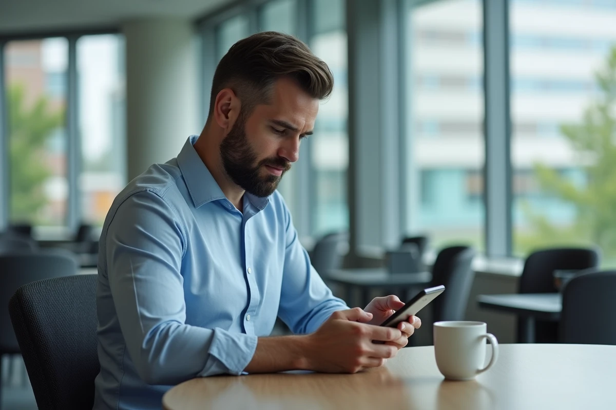 Personnel administratif hospitalier configurant un compte de messagerie Zimbra sur iPhone dans une salle de pause du CHU