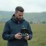 Pilote de drone configurant les modes de vol intelligents via une application smartphone sur sa télécommande en plein air