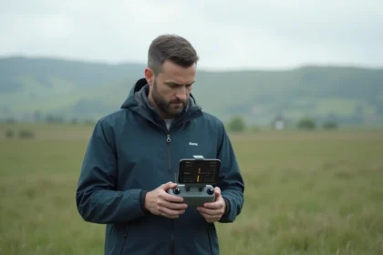 Pilote de drone configurant les modes de vol intelligents via une application smartphone sur sa télécommande en plein air