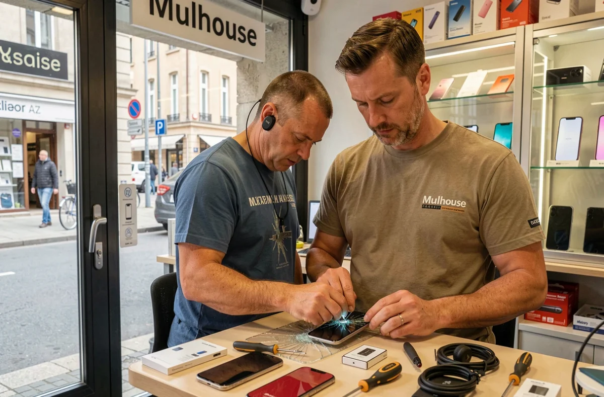 Technicien Planète GSM remplaçant un écran de téléphone dans sa boutique à Mulhouse