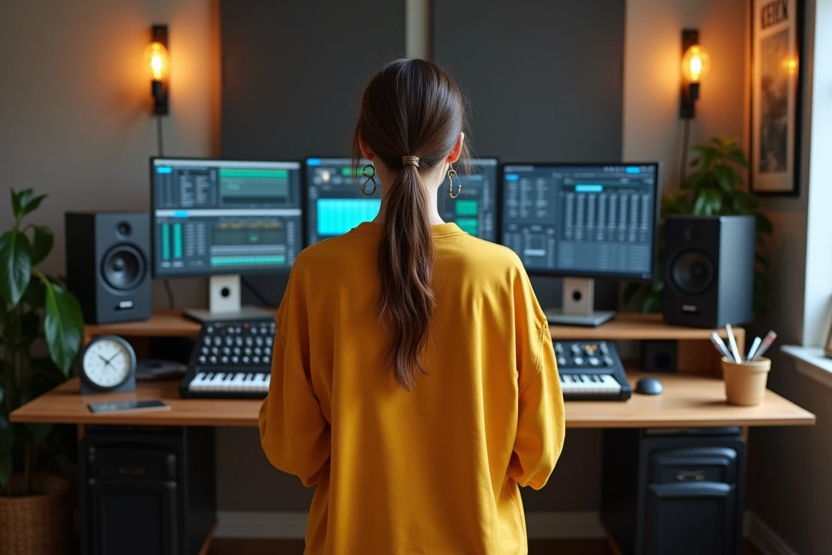 Productrice de musique debout devant un home studio équipé d'une console StudioLive et du logiciel Virtual StudioLive sur écran d'ordinateur