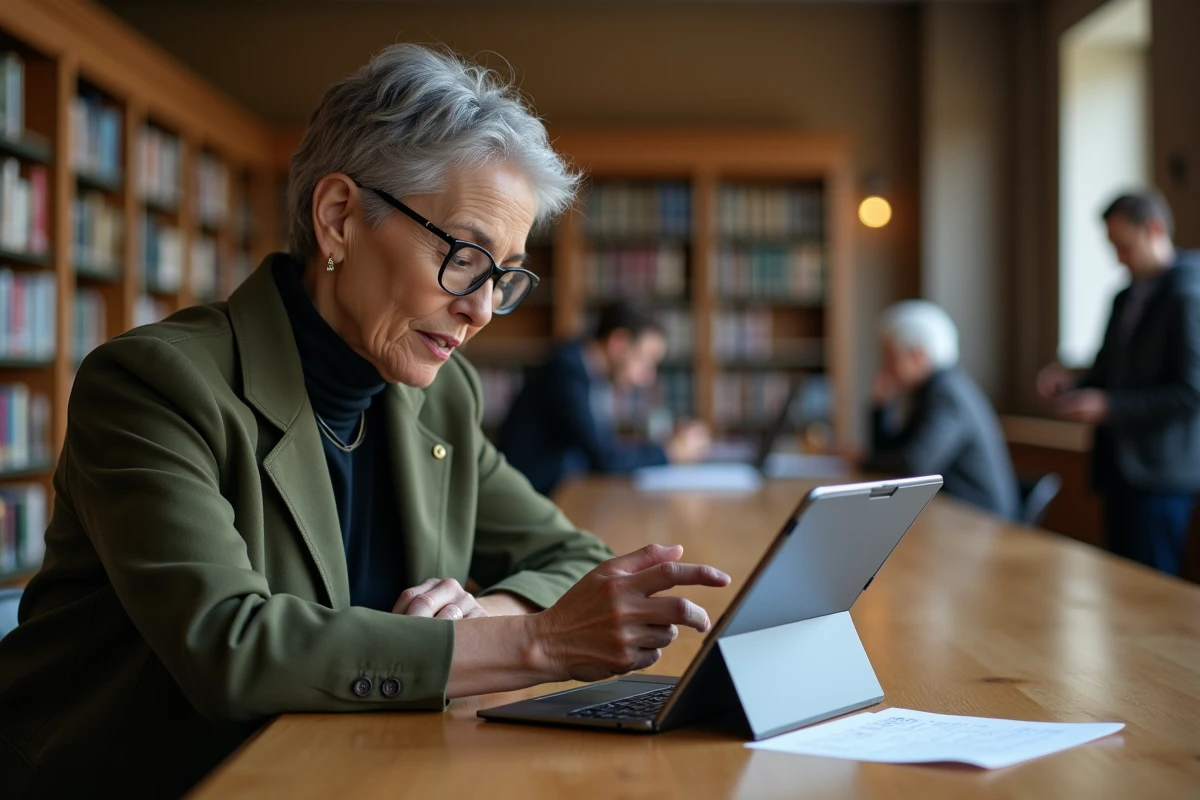 Professeure d'université consultant un guide de sécurité pour webmail académique sur une tablette dans une bibliothèque universitaire