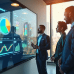 Trois professionnels d'affaires autour d'un écran digital avec CRM
