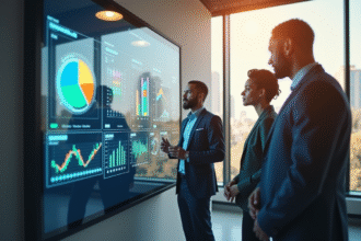 Trois professionnels d'affaires autour d'un écran digital avec CRM