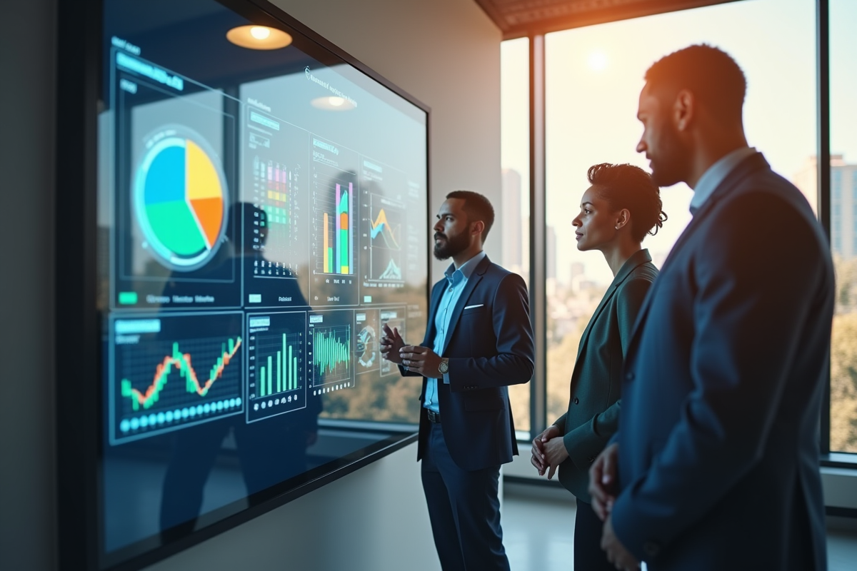 Trois professionnels d'affaires autour d'un écran digital avec CRM