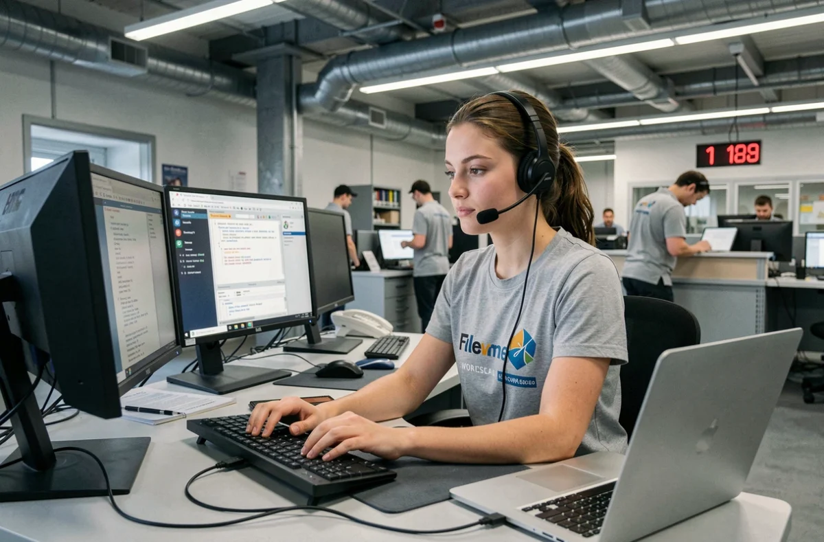 Technicienne de Quik Informatique effectuant un dépannage informatique sur un ordinateur portable à Mulhouse