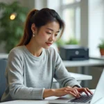 Femme utilisant le raccourci clavier Ctrl+P pour imprimer depuis son ordinateur portable au bureau