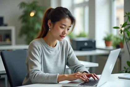 Femme utilisant le raccourci clavier Ctrl+P pour imprimer depuis son ordinateur portable au bureau
