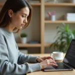 Femme utilisant des raccourcis clavier pour insérer des signes spéciaux sur un ordinateur portable