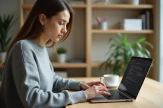 Femme utilisant des raccourcis clavier pour insérer des signes spéciaux sur un ordinateur portable
