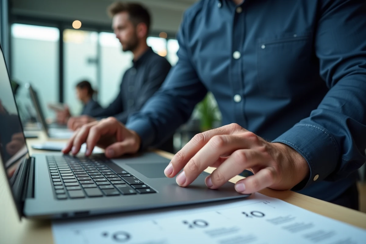 Homme consultant une fiche de raccourcis clavier avec des signes typographiques spéciaux dans un bureau moderne