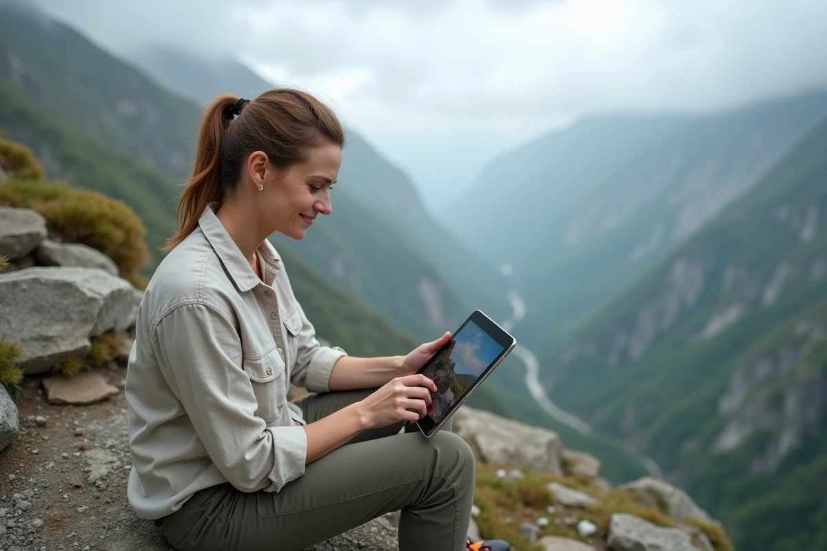 Randonneuse accédant à ses photos Google hors ligne sur tablette en montagne