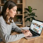Femme utilisant une recherche inversée d'image sur un ordinateur portable pour retrouver les réseaux sociaux d'une personne