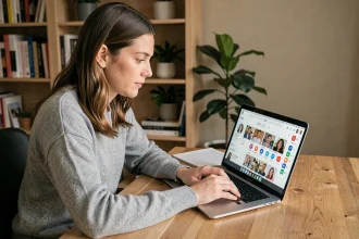 Femme utilisant une recherche inversée d'image sur un ordinateur portable pour retrouver les réseaux sociaux d'une personne