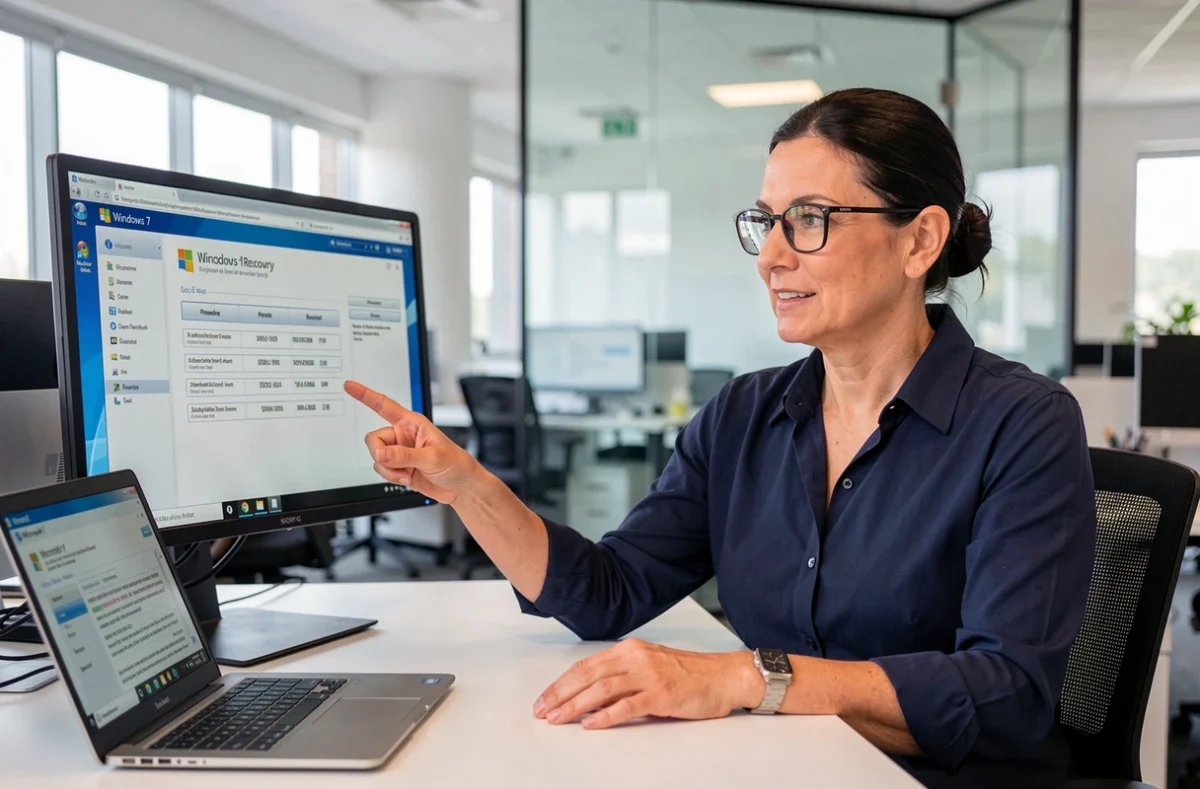 Femme récupérant une clé de produit Windows 7 perdue sur logiciel spécialisé dans un bureau professionnel