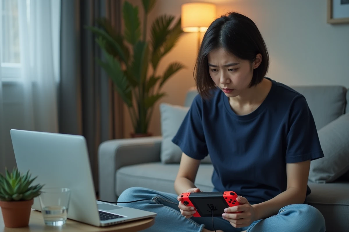 Femme connectant une Nintendo Switch en panne à un ordinateur portable via câble USB-C pour récupérer ses sauvegardes