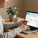 Femme paramétrant les notifications de son espace MyPrimobox sur un ordinateur portable dans un bureau à domicile