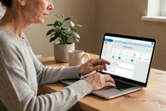 Femme paramétrant les notifications de son espace MyPrimobox sur un ordinateur portable dans un bureau à domicile