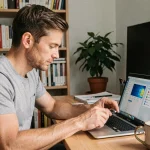 Homme réinstallant Windows 7 sur un ordinateur portable via une clé USB bootable à son bureau
