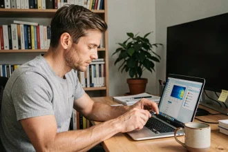 Homme réinstallant Windows 7 sur un ordinateur portable via une clé USB bootable à son bureau