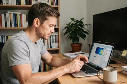 Homme réinstallant Windows 7 sur un ordinateur portable via une clé USB bootable à son bureau