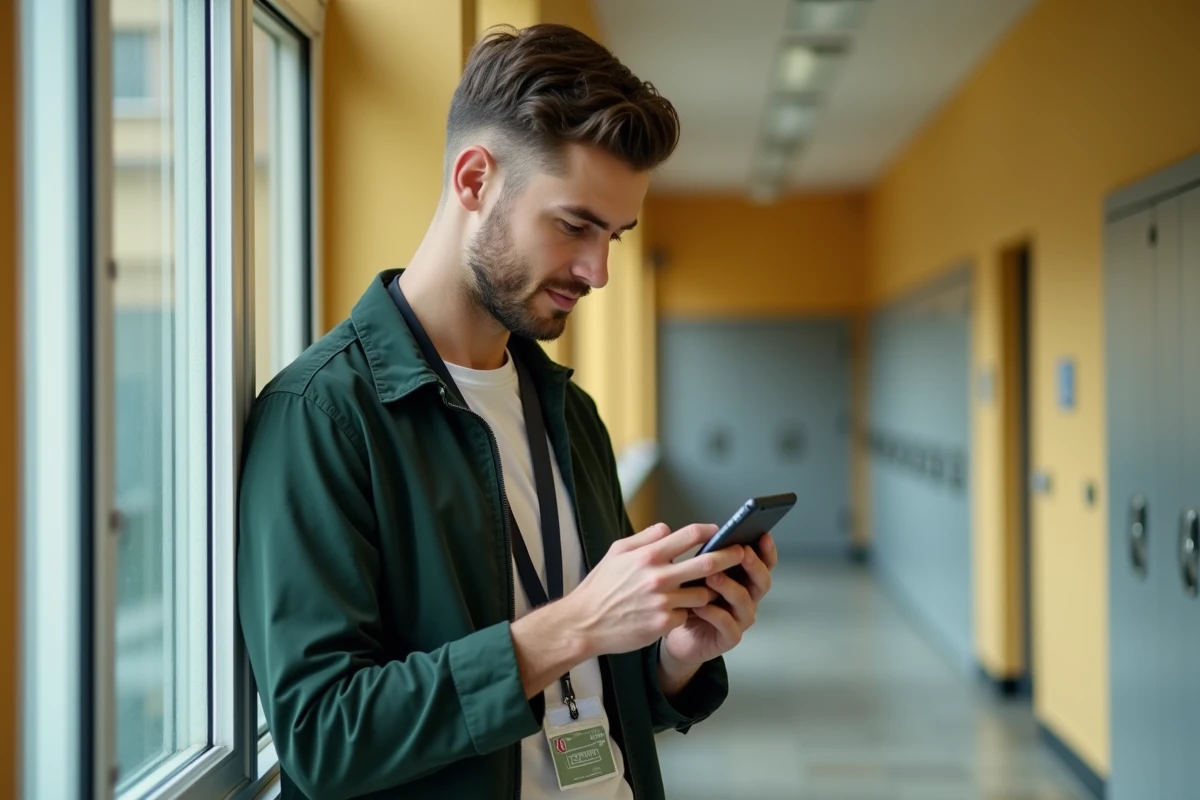 Professeur remplaçant consultant sa messagerie académique Nantes sur smartphone dans un couloir d'école
