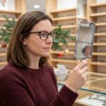 Femme essayant des lunettes dans une opticerie de Dijon en fin d'année, entourée de présentoirs et de décorations hivernales
