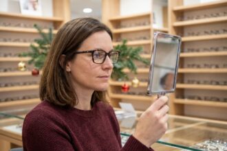 Femme essayant des lunettes dans une opticerie de Dijon en fin d'année, entourée de présentoirs et de décorations hivernales