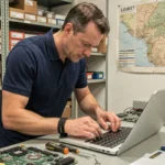 Technicien informatique réparant un ordinateur portable dans un atelier de réparation du Loiret