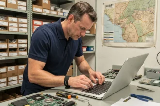 Technicien informatique réparant un ordinateur portable dans un atelier de réparation du Loiret