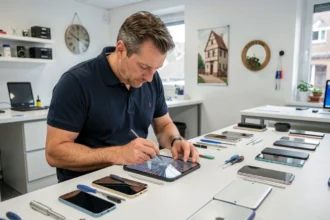 Technicien réparant un smartphone dans un atelier professionnel du Haut-Rhin