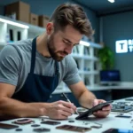Technicien spécialisé en réparation de téléphone à Montpellier examinant un smartphone avec des outils professionnels dans un atelier propre