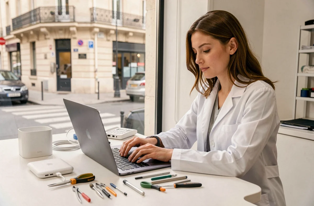 Technicienne spécialisée en réparation Mac Paris IDF travaillant sur un MacBook Pro ouvert