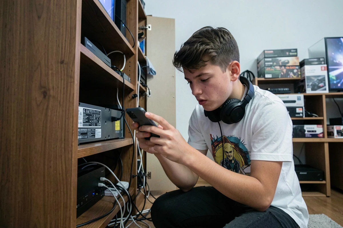 Adolescent photographiant l'étiquette d'un boîtier multimédia pour récupérer son code d'activation Epic Games