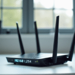 Vue rapprochee d'un routeur wifi moderne sur un bureau blanc