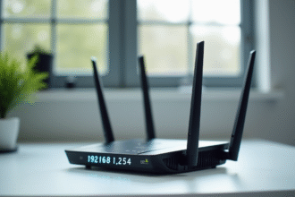 Vue rapprochee d'un routeur wifi moderne sur un bureau blanc
