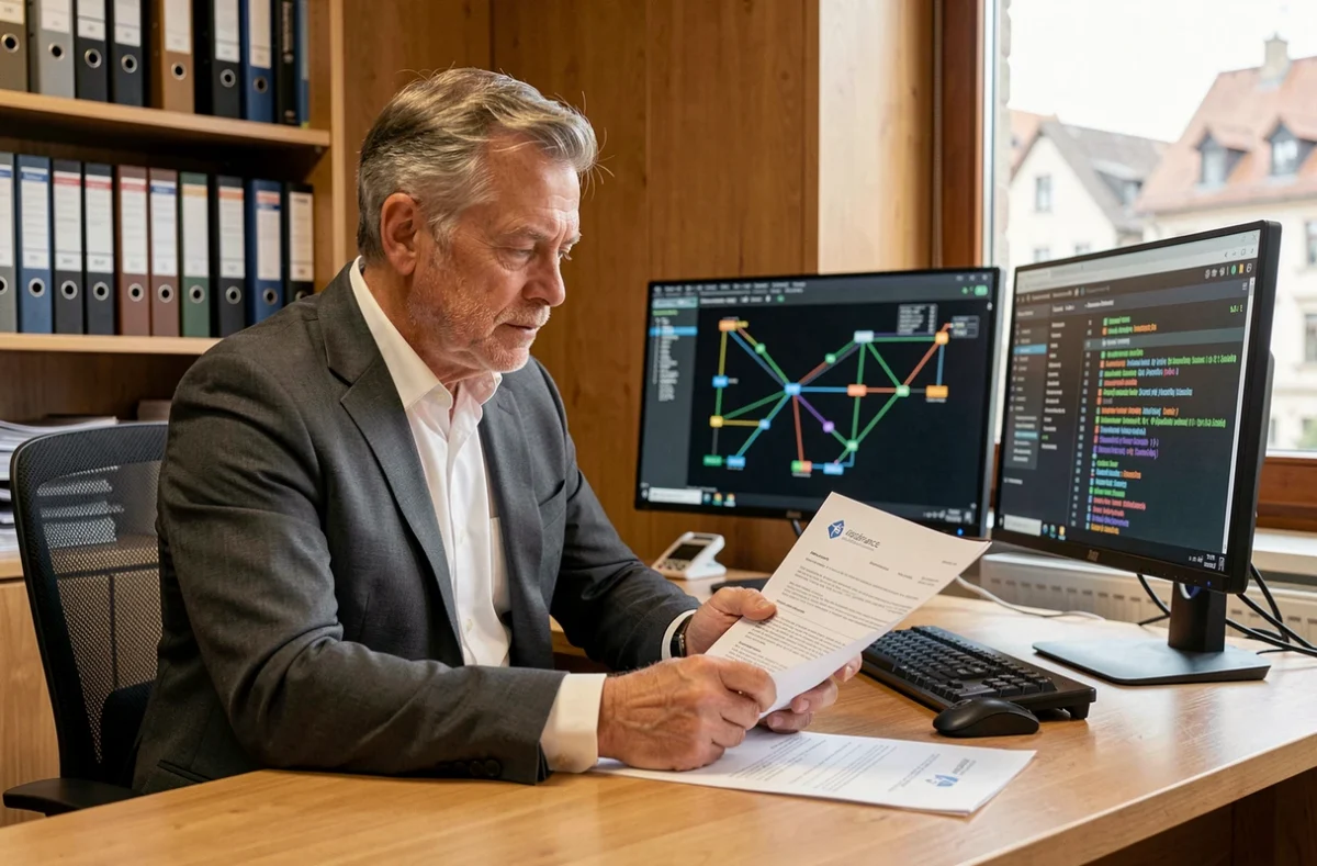 Consultant senior de SD Informatique examinant un contrat d'infogérance et de cybersécurité en Alsace