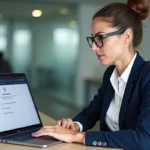 Femme cadre configurant les paramètres de sécurité de son webmail académique sur un ordinateur portable dans un bureau moderne