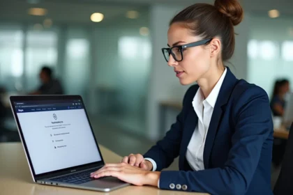 Femme cadre configurant les paramètres de sécurité de son webmail académique sur un ordinateur portable dans un bureau moderne