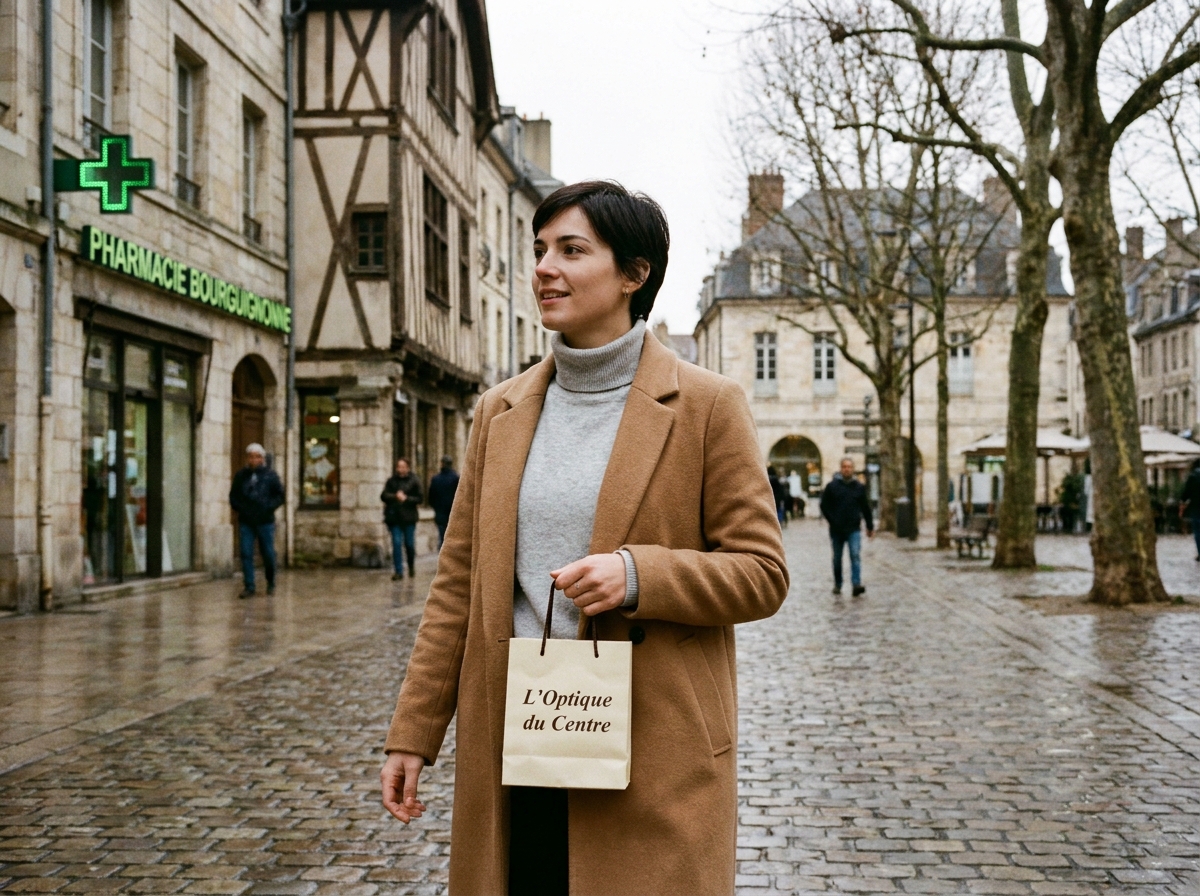 Jeune femme portant un sac d'opticien dans les rues pavées du centre historique de Dijon en hiver