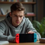 Jeune homme appuyant sur le bouton power d'une Nintendo Switch qui ne s'allume plus, assis à un bureau en bois dans une chambre