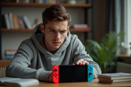Jeune homme appuyant sur le bouton power d'une Nintendo Switch qui ne s'allume plus, assis à un bureau en bois dans une chambre