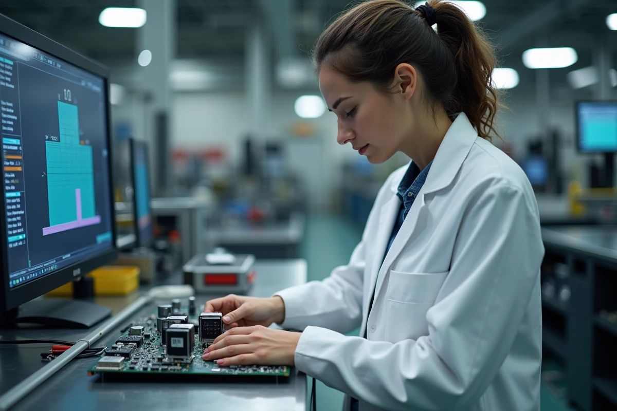 Technicienne assemble circuit imprimé avec moteurs dans un atelier hightech