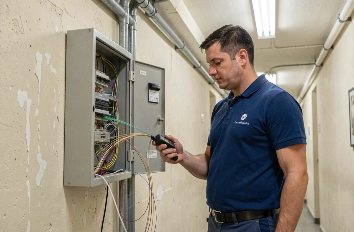 Technicien inspectant un panneau de distribution fibre optique dans un immeuble résidentiel de Grenoble