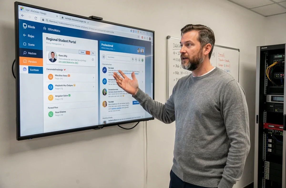 Technicien informatique d'université expliquant la différence entre Zimbra ENT et messagerie professionnelle sur un écran mural