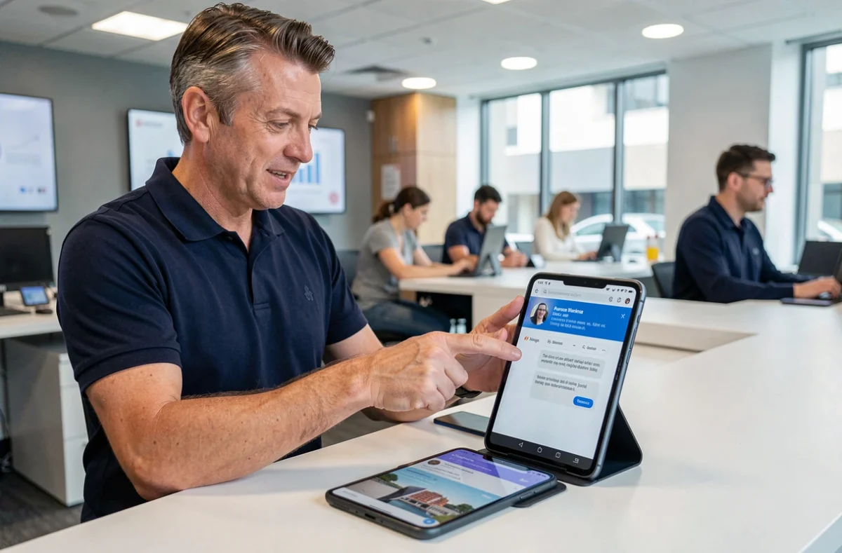 Technicien du service après-vente Samsung montrant une capture d'écran sur smartphone à un comptoir de support technique professionnel